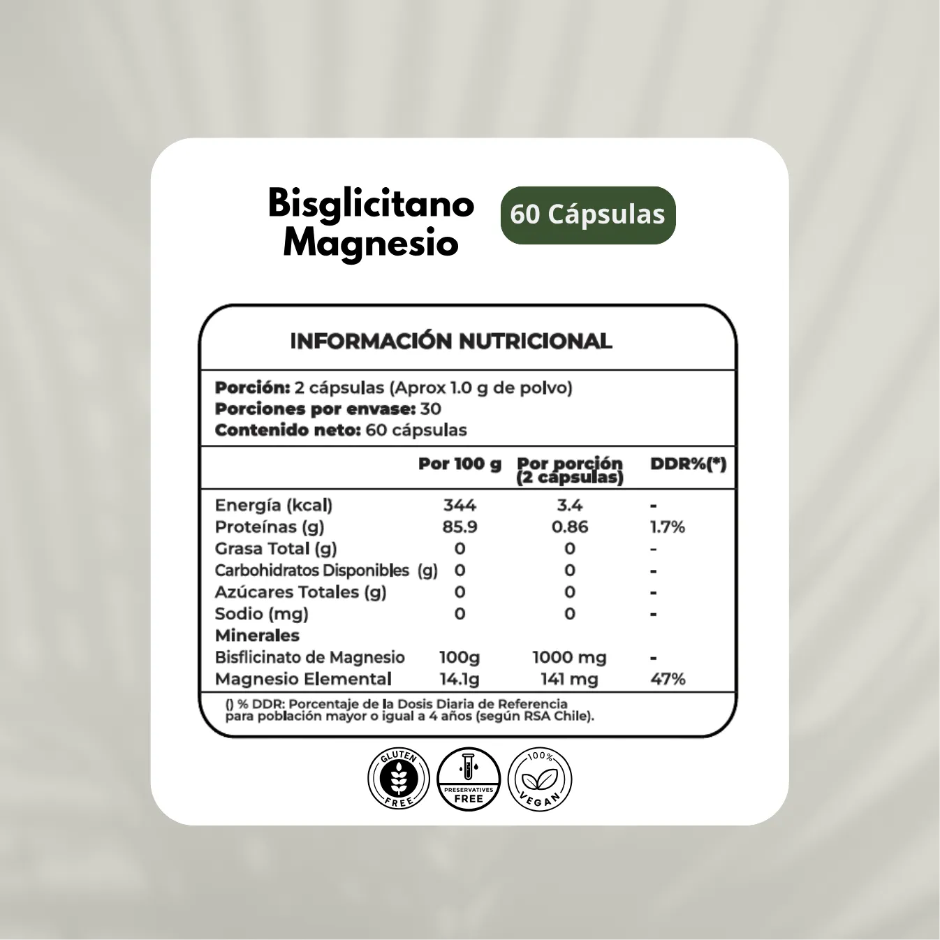 Bisglicinato de Magnesio 500mg | 60 Cápsulas | Alta Absorción Chile