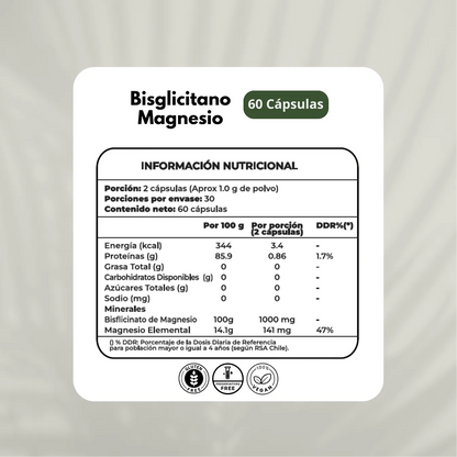 Bisglicinato de Magnesio 500mg | 60 Cápsulas | Alta Absorción Chile